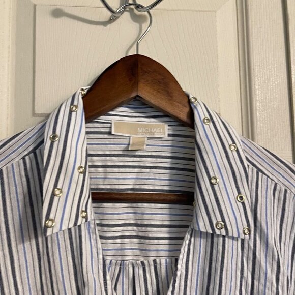 MICHAEL Michael Kors Womens Y2K White Blue Striped Grommets Wrap Tie Blouse XXL - Picture 3 of 7